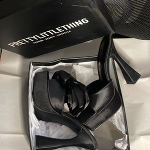 Brand new black satin Pretty Little Thing backless heels